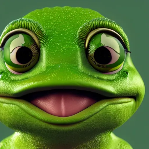 Image similar to a madge - pepe - the - frog, looking more depressed than usual, quivering lips, fists in the air, sweat flying, cgi render, zbrush, octane, keyshot render