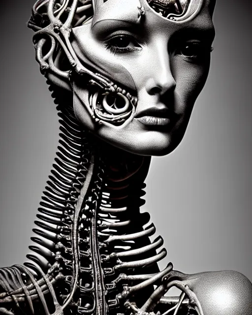 Prompt: a beautiful intricate bio - mechanical feminine profile face with long neck, by h. r. giger, glamor shot, tri - x 4 0 0 tx, closeup, blur effect, high contrast, 1 6 k, rim lights, rembrandt lighting, reflective, insanely detailed and intricate, hypermaximalist, elegant, ornate, hyper realistic, super detailed, surreal dreamy poetic