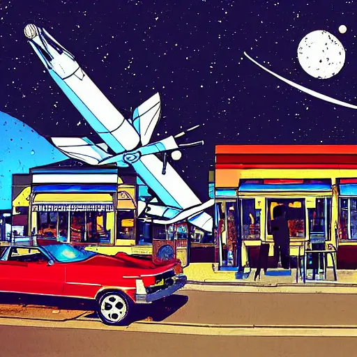 Prompt: end of the universe as seen by people outside a diner in space with spaceships outside, digital art