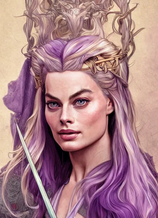 Prompt: Margot Robbie as legolas with long purple hair and sword, cute, fantasy, intricate, elegant, highly detailed, digital painting, 4k, HDR, concept art, smooth, sharp focus, illustration, art by artgerm and H R Giger and alphonse mucha