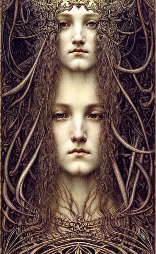 Image similar to detailed realistic beautiful young medieval queen face portrait by jean delville, gustave dore and marco mazzoni, art nouveau, symbolist, visionary, gothic, pre - raphaelite. horizontal symmetry