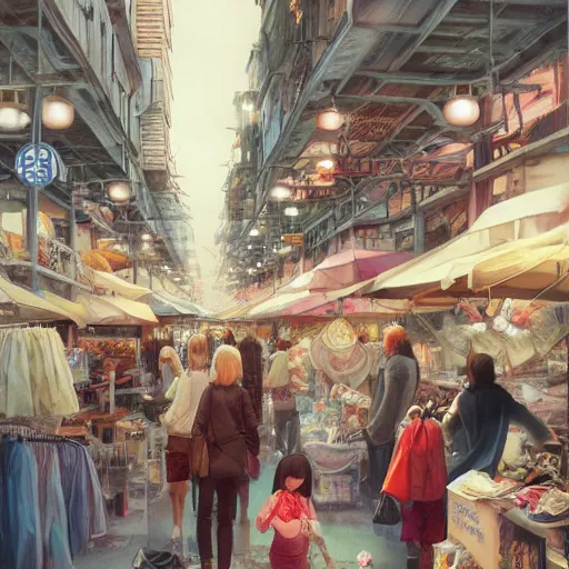 Prompt: flea market in istanbul in the future, by miho hirano, ross tran and ilya kuvshinov, realistic, detailed, beautiful fantasy detailed trending on artstation, oil painting, dramatic lighting, eterea, high quality print, fine art with subtle redshift rendering