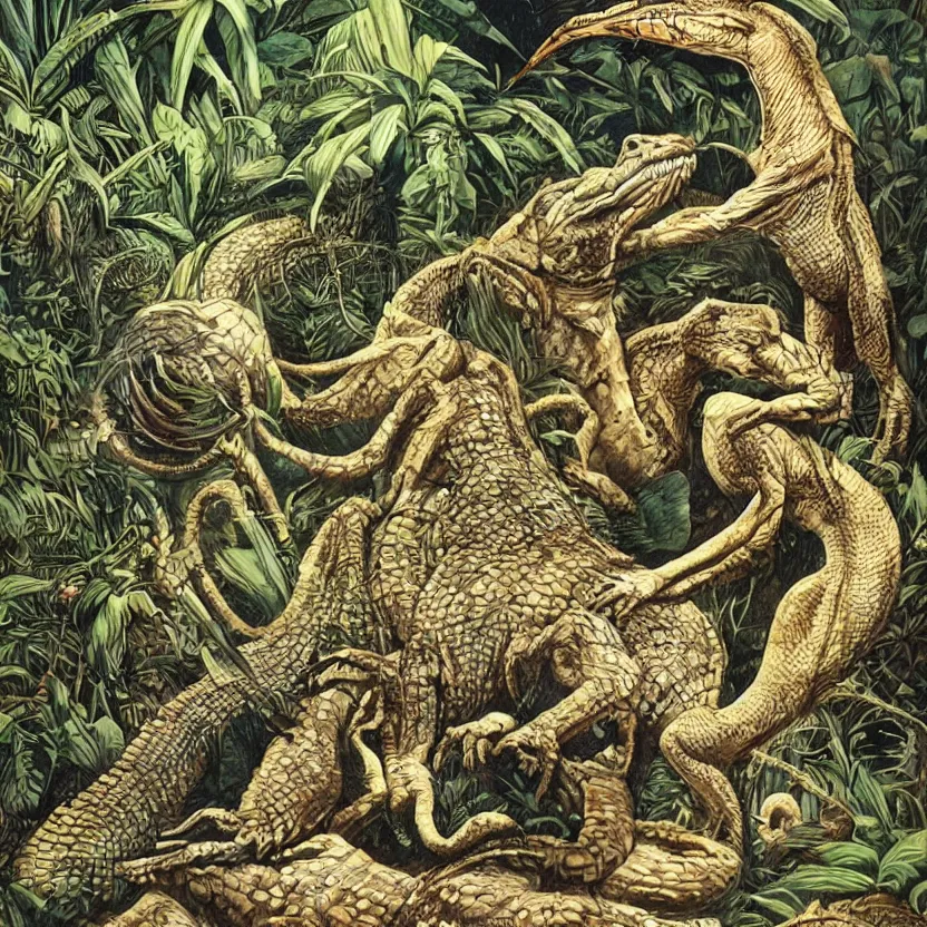 Prompt: crocodile, lion, and stork. wings and feathers. reptile skin, lion muscles. strange anatomy. in a night jungle by water. pulp sci - fi art.