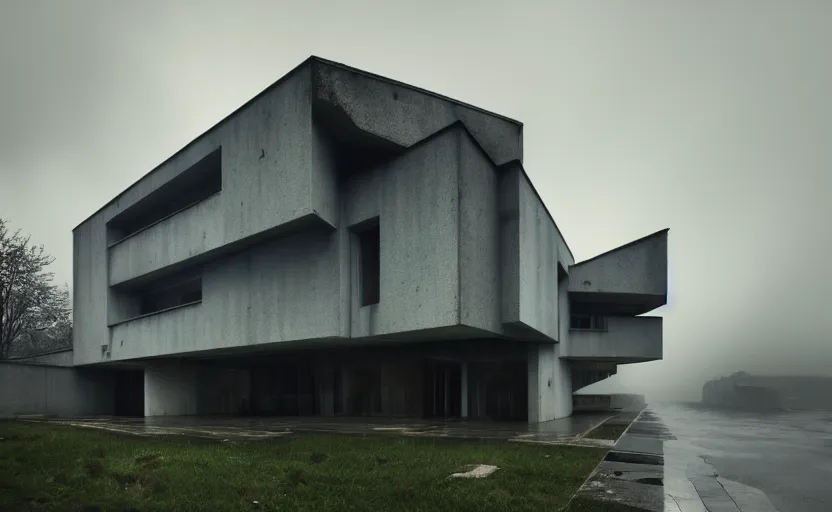 Image similar to a wide angle exterior shot of a brutalist architecture house with rainy and moody cinematic lighting by darek zabrocki and greg ruthkowski, alphonse mucha, simon stalenhag and cinematic and blue cold atmospheric, architectural visualization, archiviz, archdaily, deezen, design milk, archillect concept art, artstation, trending on artstation