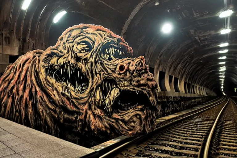 Prompt: very large giant mutant zombie irradiated ( angry rat ) staying on railways in tonnel of moscow subway. tonnel, railways, giant angry rat, furr, fangs, very realistic. extreme long shot, rusty colors, anish kapoor, herman nitsch, giger.