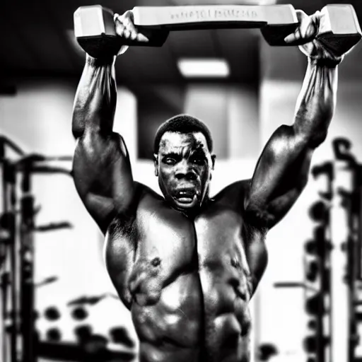 Image similar to black & white epic!!! photograph of super mario in the gym lifting a dumbbell with one hand, very angry!!!!!! face, motivational poster, highly detailed, cinematic lighting, photo, award - winning photograph, professional photograph, dramatic posing, 8 k quality, dramatic rim lighting, high quality