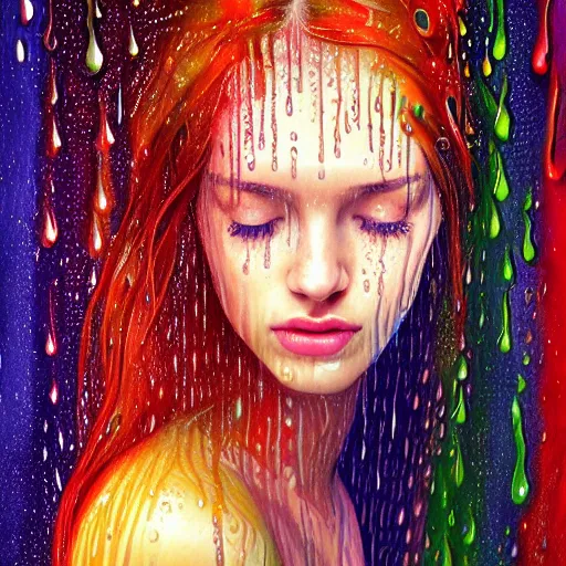 Prompt: portrait of girl in uniquely colored rain with wet hair and face, liquid drops, revelation, epiphany, bliss, fantasy, intricate, elegant, dramatic lighting, highly detailed, lifelike, photorealistic, digital painting, artstation, concept art, smooth, sharp focus, illustration, art by John Collier and Albert Aublet and Krenz Cushart and Artem Demura and Alphonse Mucha