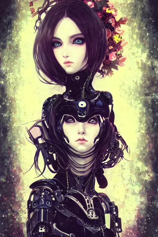 Prompt: portrait of beautiful young gothic cyborg anime maiden. Anime, cyberpunk, Warhammer, highly detailed, artstation, illustration, art Gustav Klimt. Face by Ilya Kuvshinov, cute-fine-face, pretty face, realistic shaded Perfect face, fine details