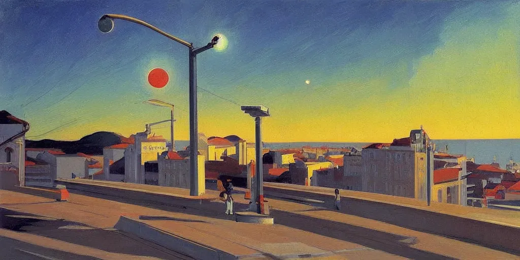 Image similar to street art. paralyzed by the indescribable beauty of the cosmos. amazing view of the electric trail from lisbon. art style by edward hopper daring, incredible