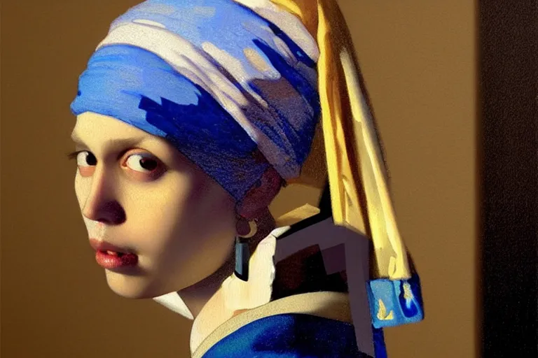 Prompt: Boy with a black pearl earring, portrait, sharp focus, intricate, elegant, digital painting, artstation, matte, highly detailed, concept art, illustration, ambient lighting, art by Vermeer, artgerm, Alphonse mucha, and Greg Rutkowski