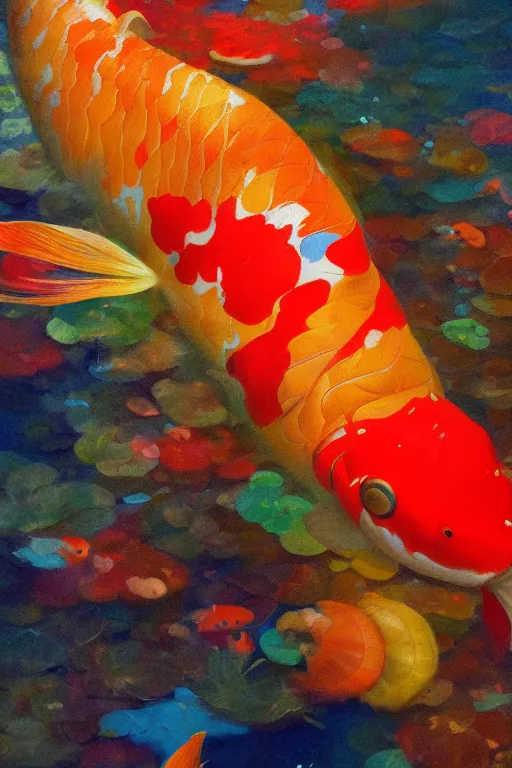 Image similar to a koi carp, colorful, joyful, close-up portrait, intricate, elegant, volumetric lighting, scenery, digital painting, highly detailed, artstation, sharp focus, illustration, concept art, ruan jia, steve mccurry