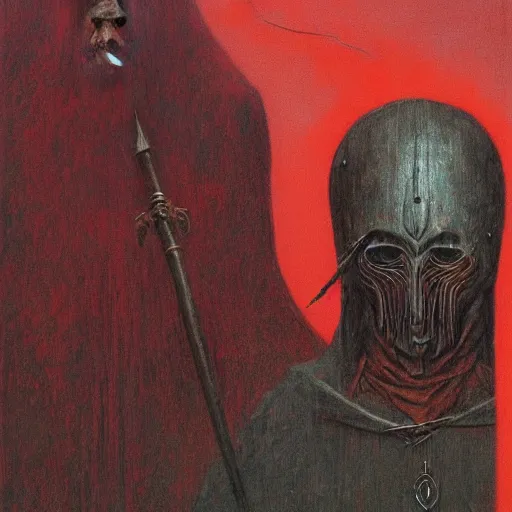 Image similar to The faceless god of chaos in a hood with a scarlet scythe by zdislav beksinski