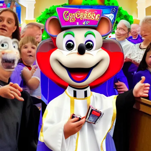 Image similar to Chuck E. Cheese as a priest in a church