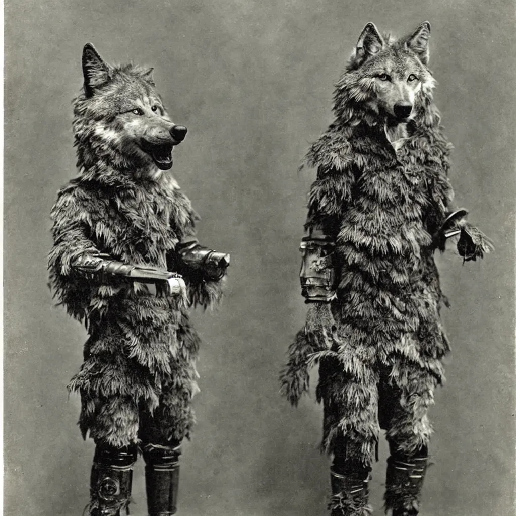 Image similar to anthropomorphic furry wolf in suit of armor of unknown origin, 1900s photograph