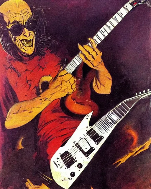 Image similar to Hans Moleman shredding on a Gibson Flying V, guitar solo, heavy metal artwork by Frank Frazetta