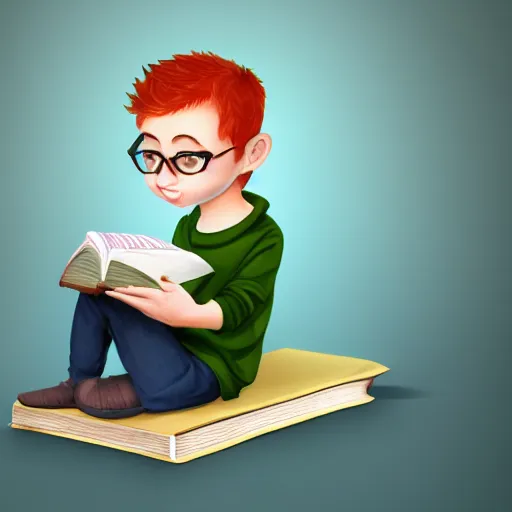 Prompt: diminutive young man sitting on a huge book. The man is two inches tall and redhead. The book is closed, with a green cover. Digital realistic detailed art trending in Artstation.
