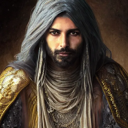 Prompt: portrait painting of a middle - eastern man with shoulder length hair wearing a tattered feather cloak and armor, ultra realistic, concept art, intricate details, eerie, highly detailed, photorealistic, octane render, 8 k, unreal engine. art by artgerm and greg rutkowski and charlie bowater and magali villeneuve and alphonse mucha