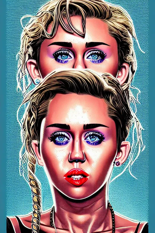 Image similar to a portrait of miley cyrus, drawn by robbie trevino and dan mumford, poster, digital art, comic art, concept art,, single head, no double head,