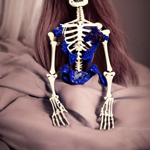 Image similar to lovely realistic ball jointed high end lapis lazuli skeleton doll with fashion and cute accessories, inside gothic doll manor bedroom, god rays, dust particles, photorealistic, aesthetic shot, worms eye view, macro camera lens, high definition, thematic, cinematic, lens flare