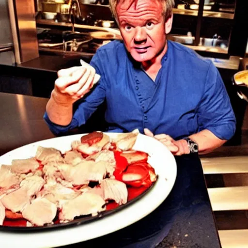 Image similar to < photo trending > gordon ramsey reacts outrageously to being served a plate overflowing with raw sliced chicken