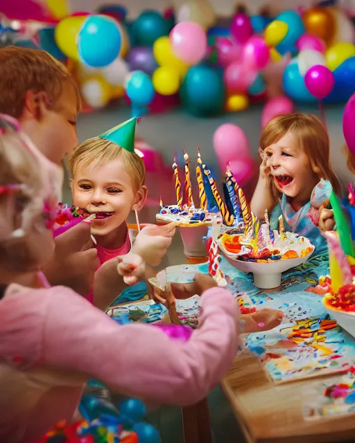 Image similar to pals have a birthday party, hyper realism, cinematic shot, fine details, 8 k, depth of field, professional photo, photorealistic, intricate complexity, extremely detailed, very sharp, award winning photo,