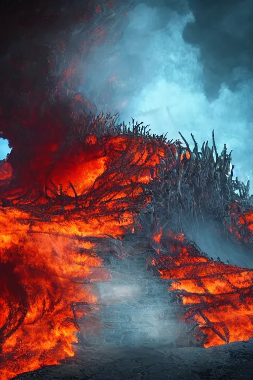 Prompt: intricate color photo of burning pits of hell, boris johnson is the devil 8 k octane beautifully detailed render