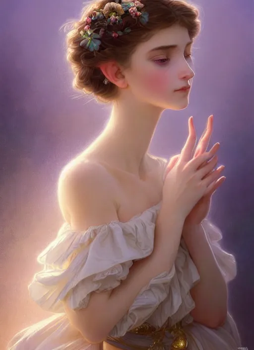 Image similar to Portrait of dreamy and ethereal girl with light blue eyes, peaceful expression, ornate frilly dress, fantasy, intricate, elegant, beautiful, digital art, beautiful dynamic lighting, golden ratio, highly detailed, digital painting, trending on artstation, concept art, smooth, sharp focus, illustration, photo realistic, art by artgerm and greg rutkowski and alphonse mucha and yoji shinkawa, 4K