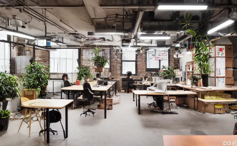 Prompt: Maximalist Japanese work space interior, multiple desks, cupboards, old brick walls, concrete, neon signs, plants, cyberpunk, large windows, Akihabara style