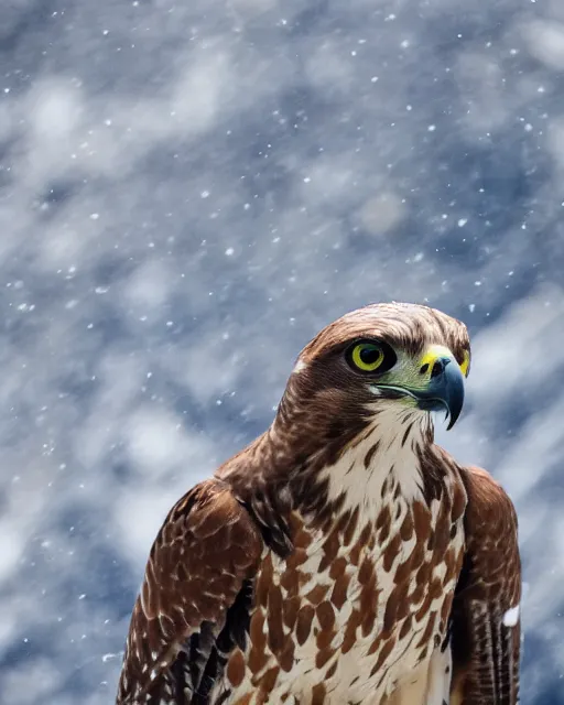 Image similar to A photo of a falcon surrounded by snowy mountains, focus on falcon, 4k