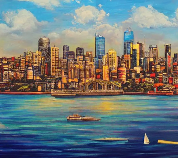 Prompt: an oil painting that combines the city of sydney and the city of guadalajara