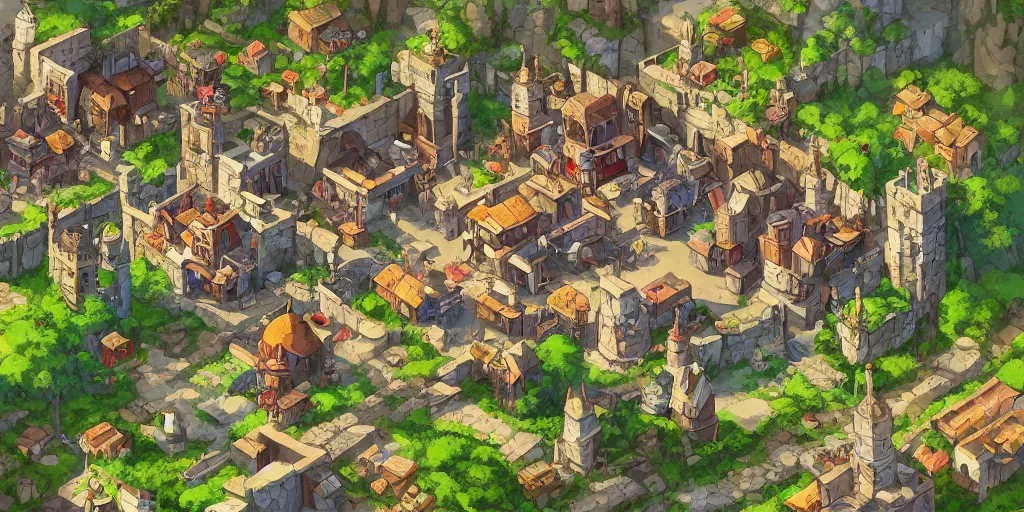 Prompt: rpg isometric top view of a lovely anime medieval fantasy village!! game asset!! cory loftis, james gilleard, atey ghailan, makoto shinkai, goro fujita, studio ghibli, rim light, exquisite lighting, clear focus, very coherent, plain background, soft painting