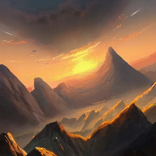 Image similar to a beautiful painting of a mountain with dragons flying in the sky at sunset by by greg rutkowski, trending on artstation.