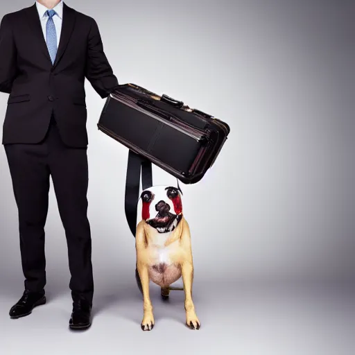 Prompt: a serious adult business man with dog head as head, suitcase in his hand, serious clothing, photography in studio, award winning photo