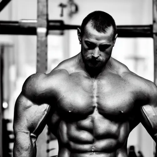 Image similar to grayscale photo of a bodybuilder with a very defined chin