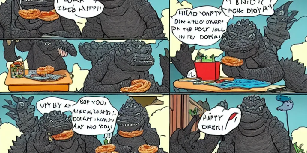 Image similar to godzilla eating donuts, happy friday everyone, funny, happy, silly, funny