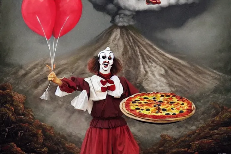 Image similar to pennywise as pulcinella!!! holding a large pizza!!, volcano in background, dark sky, smoke, glowing pools of lava, an ultrafine detailed painting by joe fenton, full body, wide angle, post - apocalyptic vibe, pop surrealism, sharp focus, whimsical, lowbrow, perfect symmetrical face, masterpiece, hyperrealistic, trending on deviantart