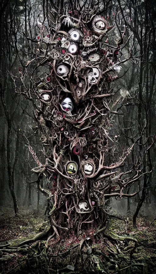 Image similar to a storm vortex made of many demonic eyes and teeth over a forest, by kirsty mitchell
