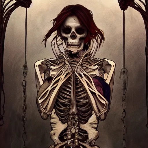 Image similar to skeleton with eyes, cinematic shot, 8 k, art by artgerm and greg rutkowski and alphonse mucha