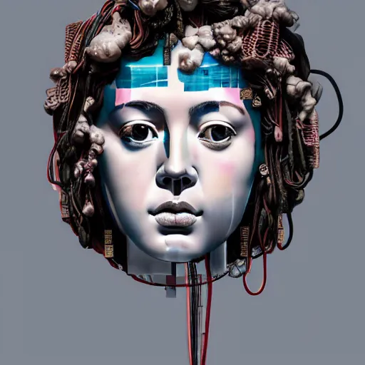 Prompt: Sandra Chevrier, floating vaporwave marble head bust, award winning masterpiece with incredible details, Zhang Kechun, a surreal vaporwave vaporwave vaporwave vaporwave vaporwave painting by Thomas Cole of a floating old pink mannequin head with cables and wires coming out of it's neck, sinking underwater, highly detailed