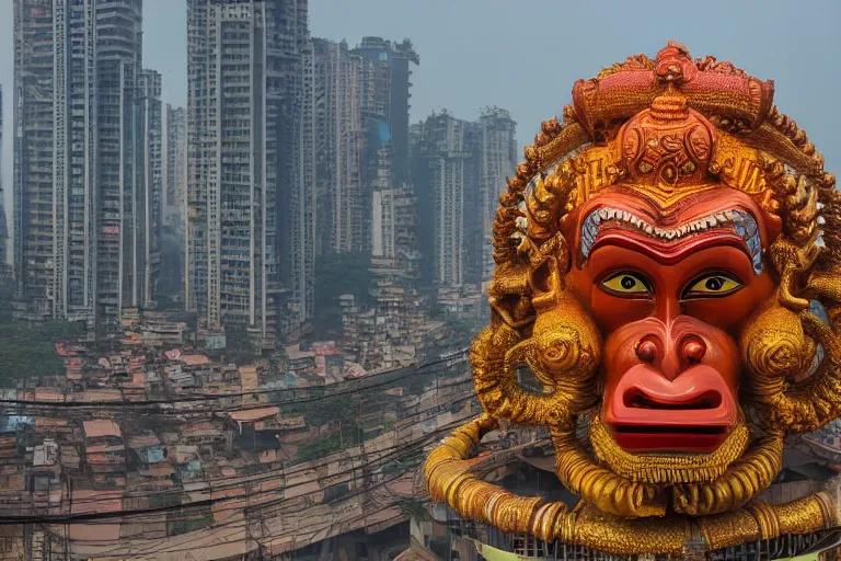 Image similar to high quality 3 d cyberpunk biomorphic hanuman head building in the middle of mumbai!!, kalighat highly detailed, cinematic smooth, stephen shore & john j. park, soft morning light, wide shot, high angle, uhd 8 k, deep focus