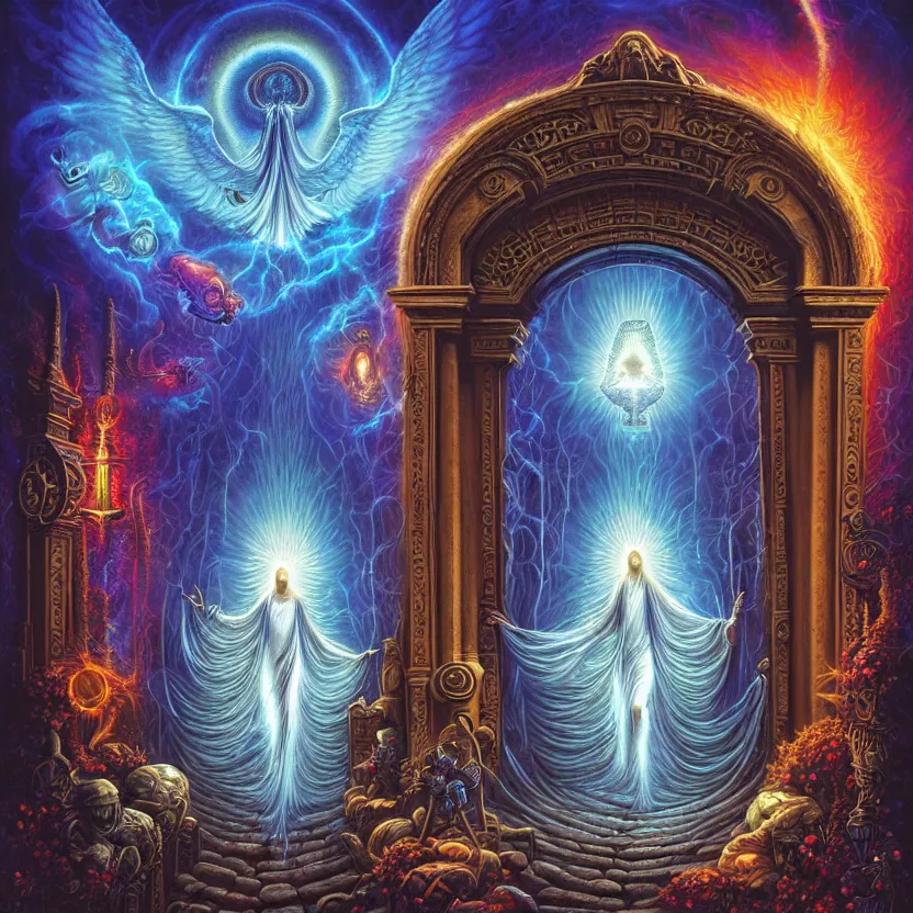 Prompt: a photorealistic detailed image of a soul entering the ornate portal to the afterlife. spiritual evolution, science, divinity, utopian, triumphant, cinematic, epic, grandiose, moody, mathematics, futuristic, by jason felix, dan mumford, kinkade, lisa frank, wpa, public works mural, socialist