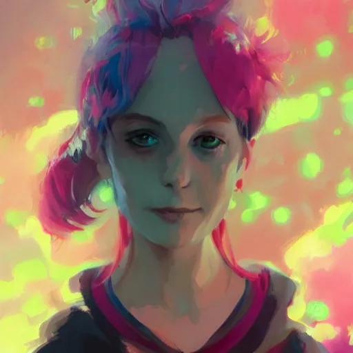 Prompt: Lady with pink hair staring into Centrentropy by Krenz Cushart, discord taken from life, cynicalism of the ninth dimension, splitting mass into a transferance of light, background of a neon dimension of vivid reality, HD, illustration trending on artstation