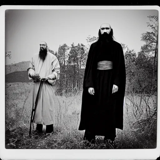 Image similar to trail _ camera _ photo _ of _ a _ breaton monks looking like rasputin with some ghost and spirits _ realistic _ spooky _ grimdark _ night _ black _ and _ white, polaroid