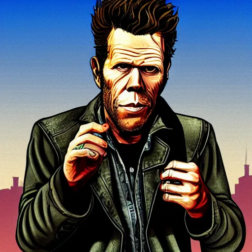 Image similar to tom waits in the style of Grand Theft Auto, by Stephen Bliss