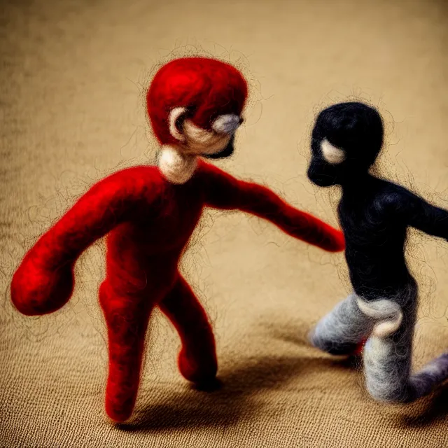 Image similar to needle felted person fighting, highly detailed, tilt shift, cute, hyperrealism, highly textured, god rays