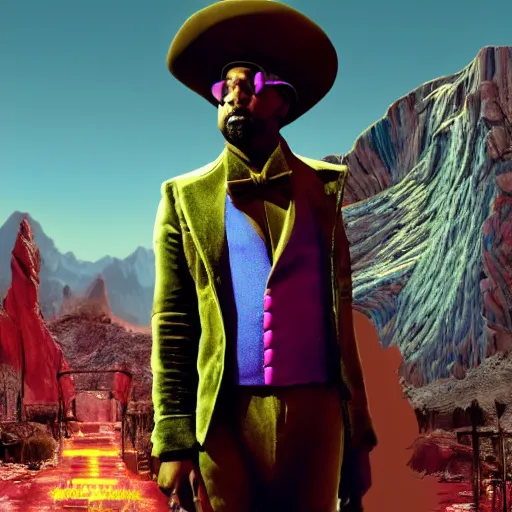Image similar to Kanye West as willy wonka in fallout new vegas, splash art, movie still, cinematic lighting, dramatic, octane render, long lens, shallow depth of field, bokeh, anamorphic lens flare, 8k, hyper detailed, 35mm film grain