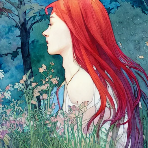 Prompt: side view a beautiful and inspiring intricate watercolor illustration artwork red hair girl in the forest, feeling the nature, eyes closed, 4 k, ultra - wide angle, by william turner, by victo ngai, by alphonse mucha, by miho hirano, hd, trending on artstation, hyper detailed, muted colors, inspiring, beautiful, energetic