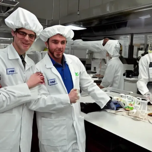 Image similar to chemists in white coats are eating a giant roll.