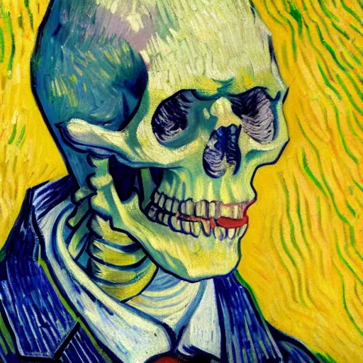 Image similar to detailed expressionist oil painting portrait by van gogh of a skeleton in a suit, a tall formal skeleton in suit and tie, expressionist portrait, color scheme of greys and whites, 8 k resolution, smooth, sharp focus