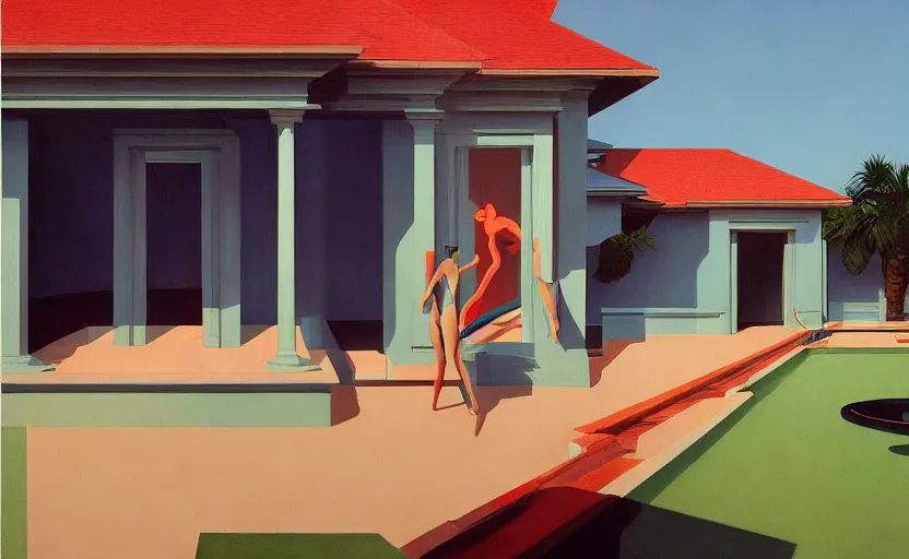 Image similar to A villa with a big pool, very coherent, painted by Edward Hopper, Wayne Barlowe, painted by James Gilleard, airbrush, art by JamesJean